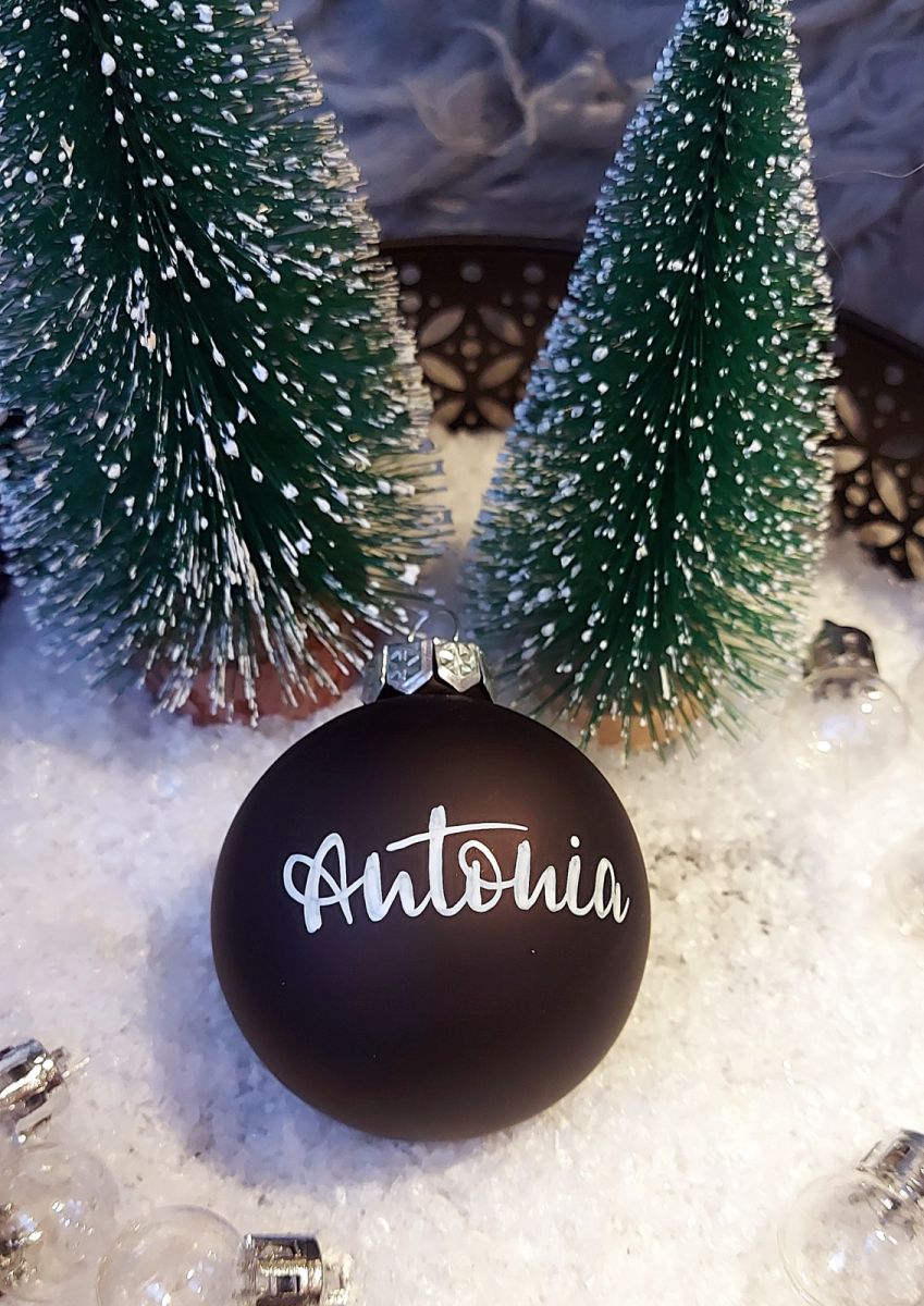 individuelle Weihnachtskugel - Glas schwarz matt mit weißer Schrift  (Durchmesser 6 cm)